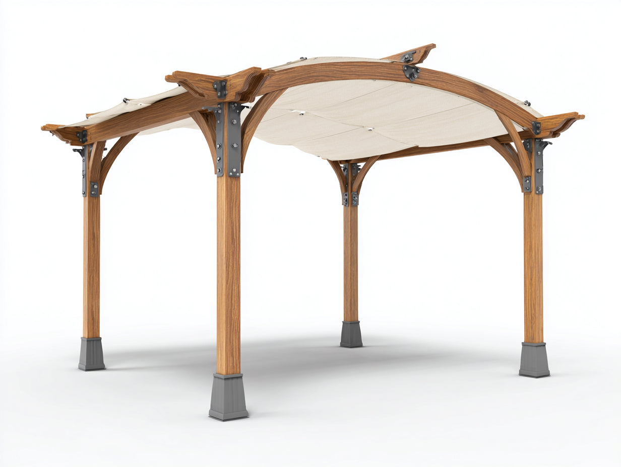 Tonnelle de jardin - bois-métal-tissu - 400x300x285 cm - naturel-beige-gris - extérieur