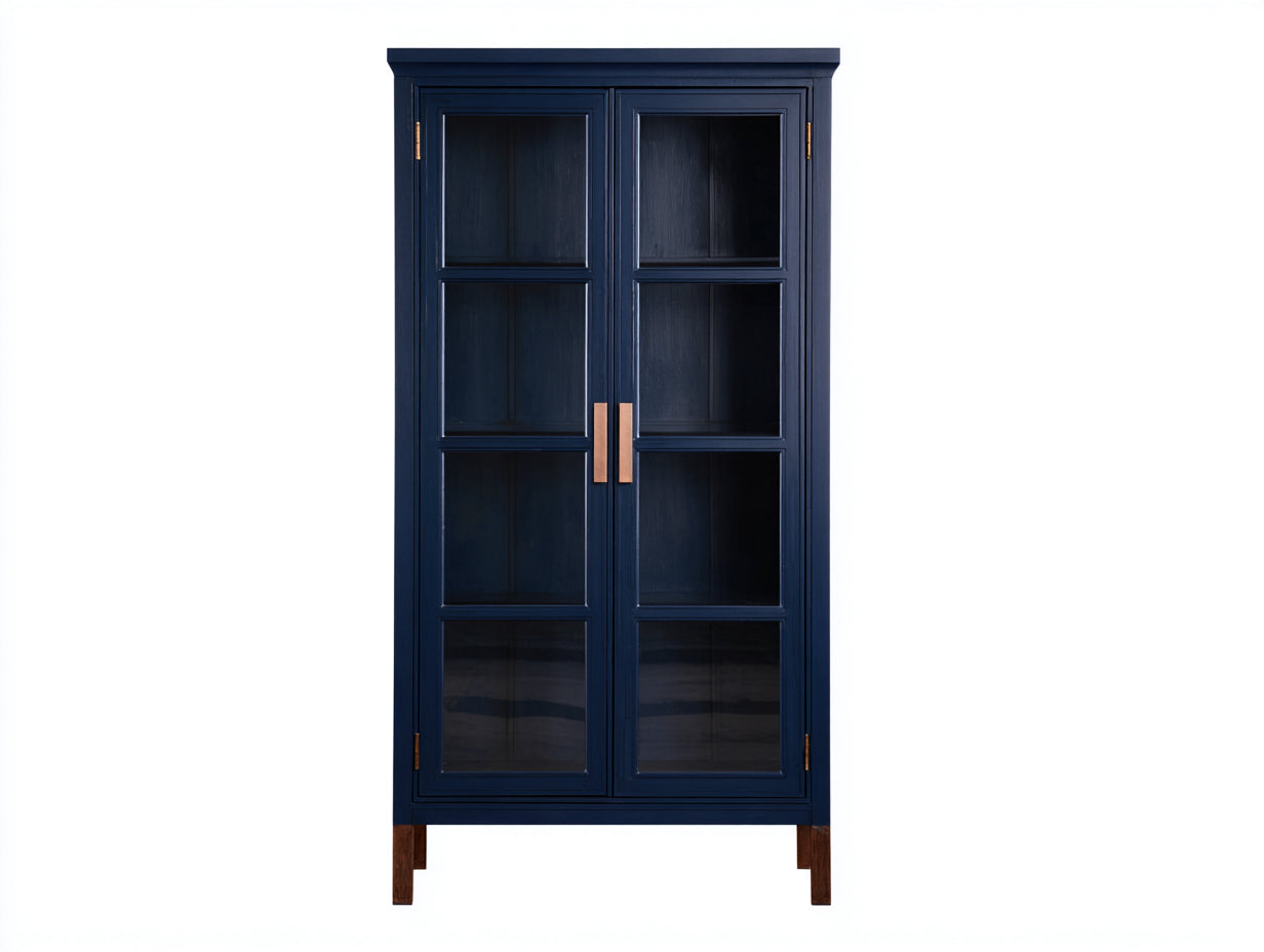Vitrine-Bois-Verre-96x36x168 cm-bleu nuit-marron-style moderne