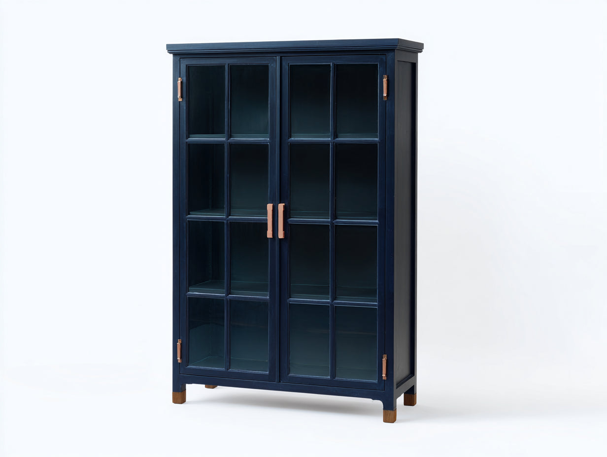 Vitrine-Bois-Verre-108x38x166 cm-bleu nuit-marron-style contemporain