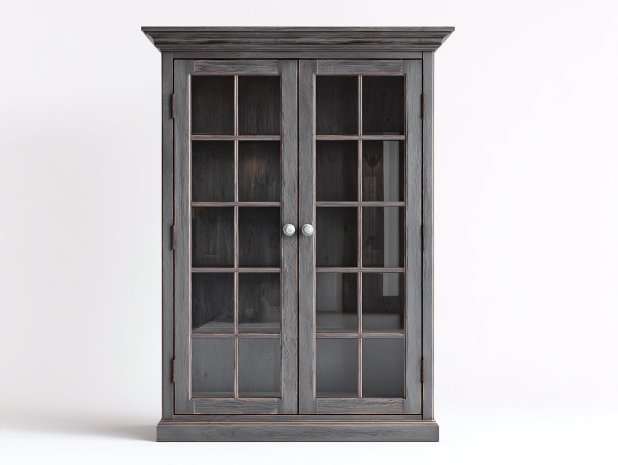 Vitrine-Bois-Verre-112x41x174 cm-gris vieilli-style rustique