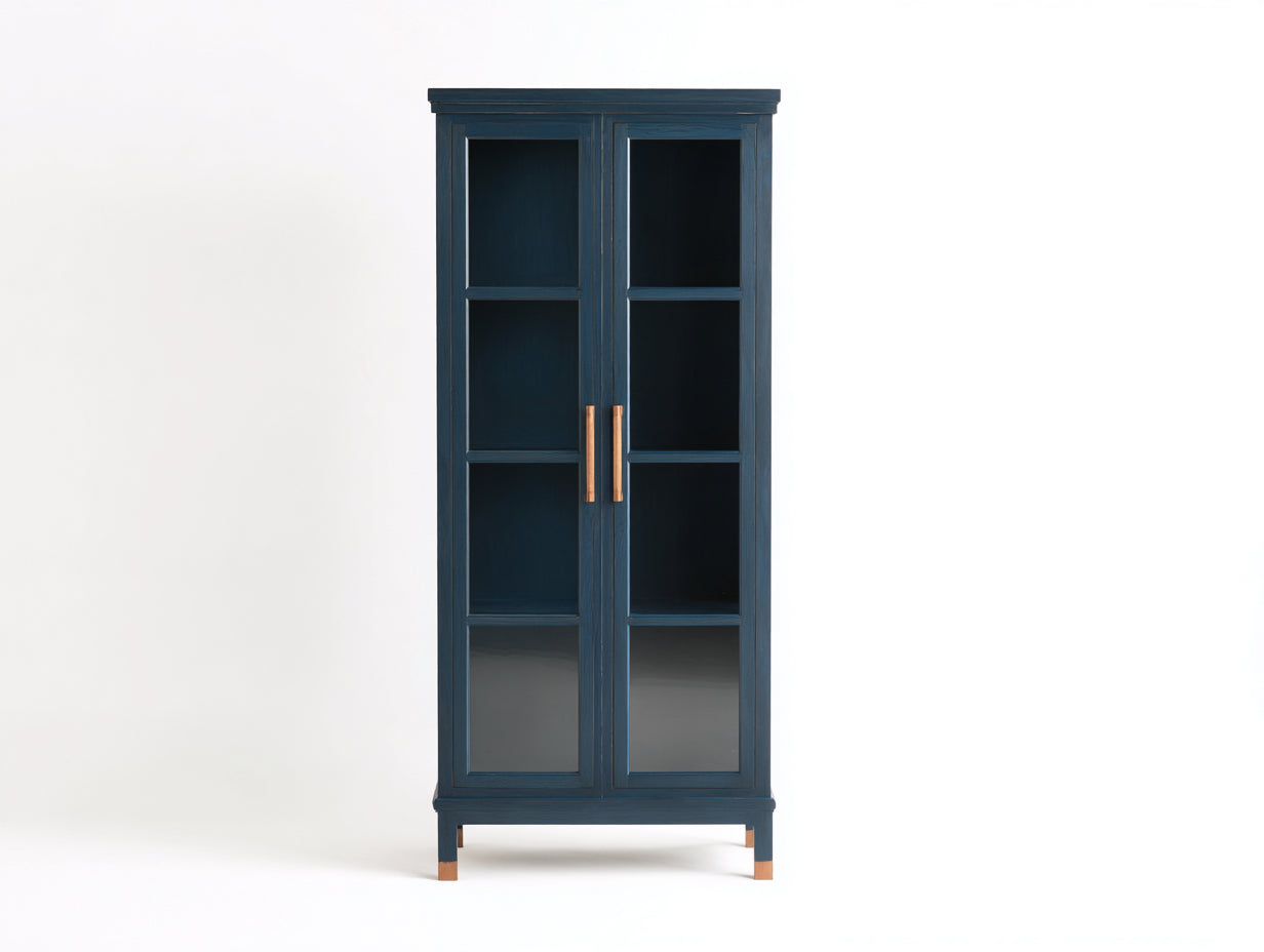 Vitrine-Bois-Verre-92x35x167 cm-bleu nuit-marron-style moderne